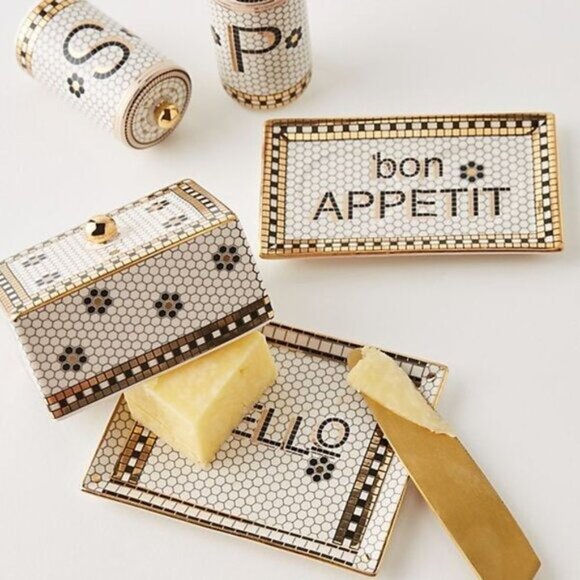 Anthropologie Bistro Tile Butter Dish Hello NEW French Gold Black White - Picture 2 of 3